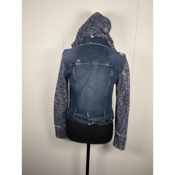 Free People Women's Cotton Denim Jean Woven Knit Sleeves Hoodie Jacket Blue Gray - Picture 3 of 10